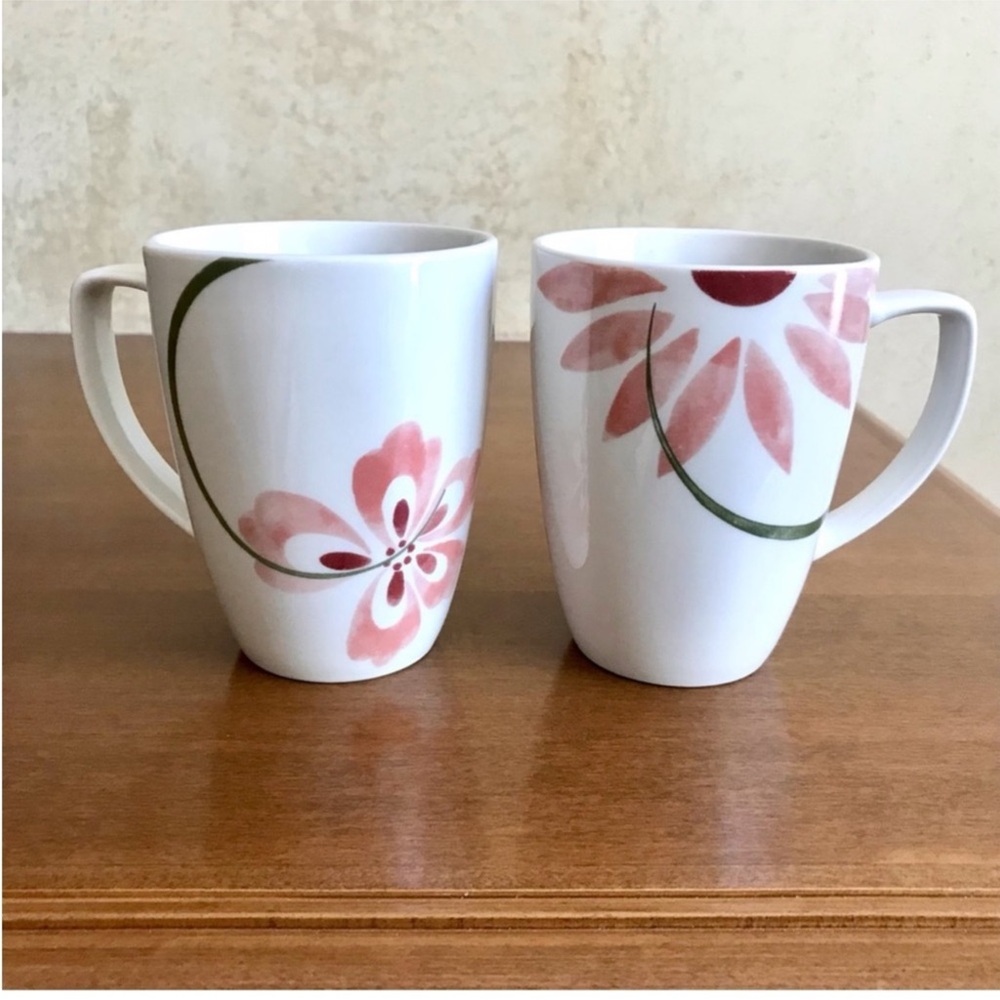 Corelle White Mugs with Pink Floral and Green Vine Design (Set of 2)